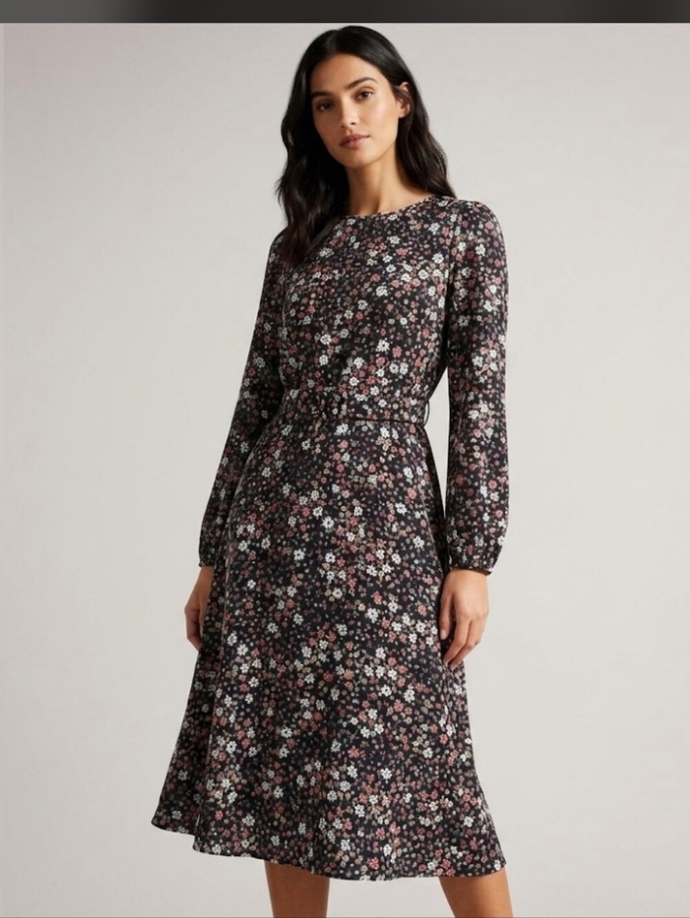 Ann Taylor Button Midi Shirt Dress S Belted Dark Floral Cottagecore Mature #8700